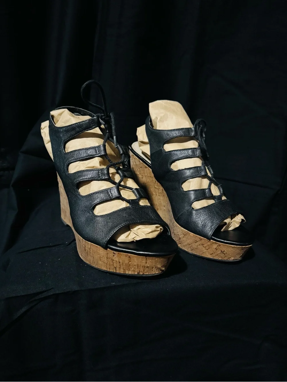 Franco Sarto black leather Cage lace-up Cork Wedge Sandals - Women
